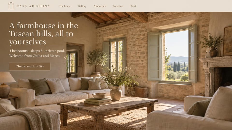 Vacation rental website design, countryside villa from the living room: cream header with an arch logo, a sunlit stone living room with linen sofas, wood beams and a window open to hills and cypresses, cream serif headline, outlined brown button