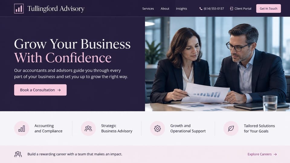 Accounting website design, business accounting and advisory on a plum split: deep plum panel with a white and pink serif headline and a pink consultation button beside a photo of two advisors reviewing a bar chart in a glass office, four services with pink round icons, a pale pink careers strip