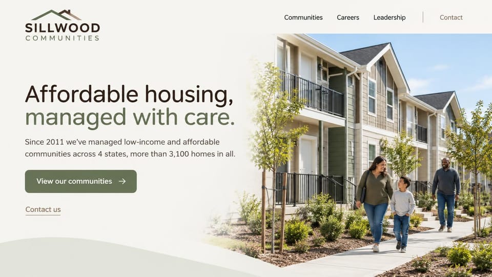 Property management website design, affordable housing management on ivory and sage: ivory page, green roofline logo, a brown and sage headline, a sage view communities button, a mother, son and neighbor walking past new townhomes, a soft green curve