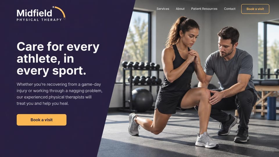 Chiropractor website design, sports physical therapy on a deep purple panel: deep purple angled panel with a white headline and a yellow button beside a gym photo of a therapist checking a lunging athlete's knee