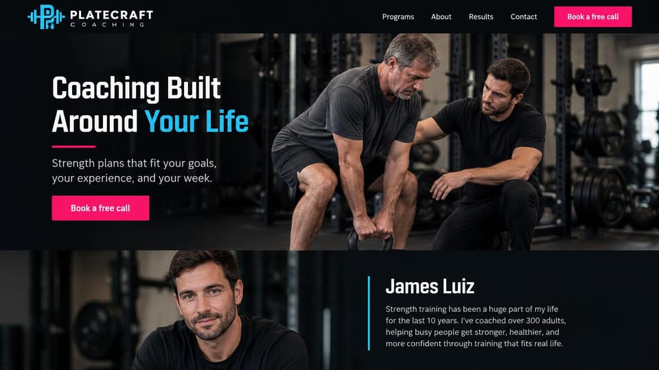 Personal trainer website design, strength coaching with the coach's intro under the hero: near-black page, a white and cyan condensed headline with a pink rule, a pink free call button, a gym photo of a coach guiding a gray-haired man's kettlebell deadlift, a coach portrait and bio below