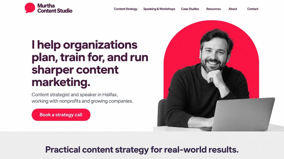 Marketing portfolio website design, content strategist who also trains and speaks: white page, a bold plum headline, a black and white portrait on a pink arch and a pink button