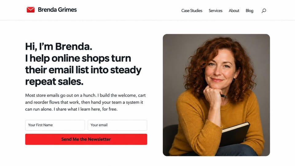 Marketing portfolio website design, email consultant with a newsletter signup: white page, a bold black headline, a red signup button and a portrait of a smiling woman in a mustard sweater