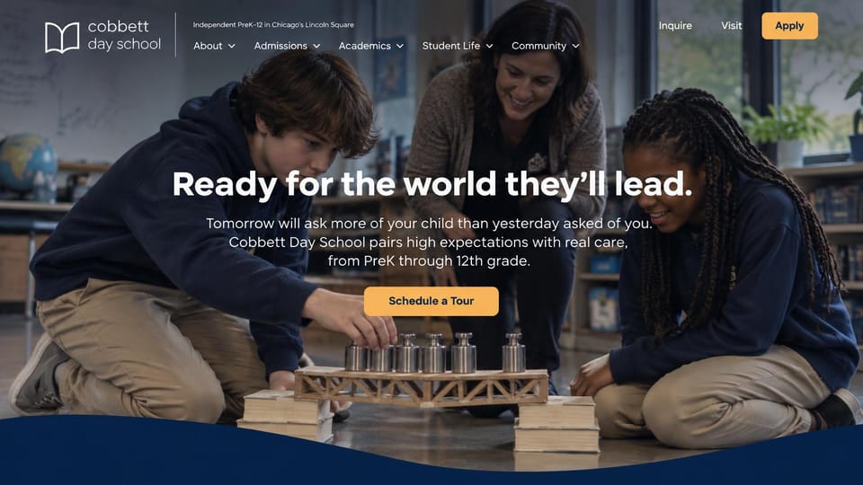 School website design, private K-12 school with a hands-on classroom: navy and warm yellow, students and a teacher testing a model bridge under a centered white headline