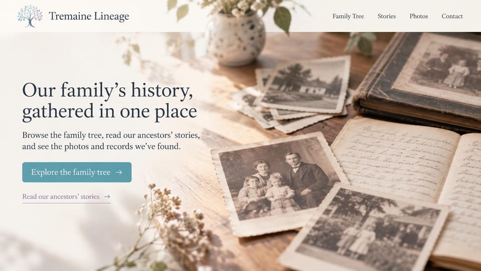 Genealogy website design, family history, soft and light: white fading into a sunlit photo of old prints, an album and a handwritten journal, charcoal serif headline, a teal tree button and a lilac stories link