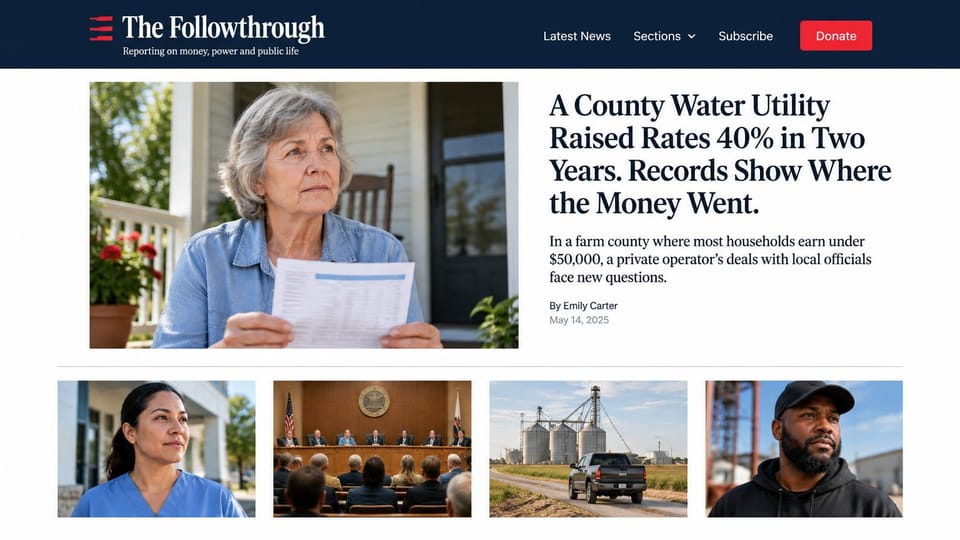 News and magazine website design, rural accountability news with a photo row: navy header with a red striped logo and donate button, an older woman on a porch holding a utility bill, a large black serif headline, a row of four documentary photos