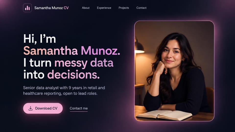 Resume website design, senior data analyst with a pink gradient promise: dark navy page with pink glows, a white headline with pink and violet gradient words, a pink download CV button and a smiling woman at a lamplit table in a glowing pink frame