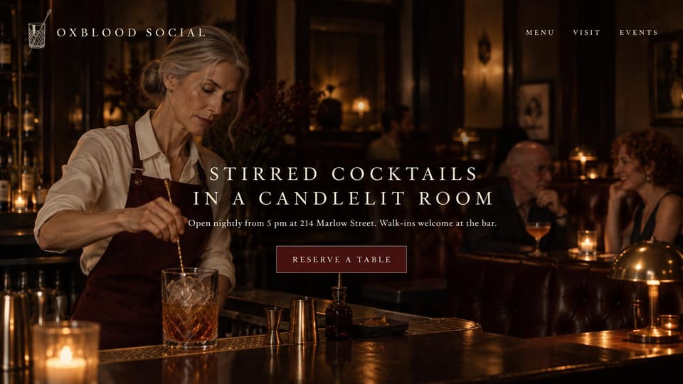 Restaurant website design, cocktail bar with the bartender at work: a bartender stirring a drink in a candlelit bar, spaced white capitals and an outlined reserve button