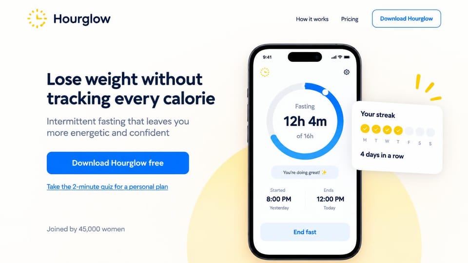 Landing page website design, health app with the main screen front and center: white page, dark headline, blue download button, a phone showing a fasting timer ring and a streak card on a yellow circle