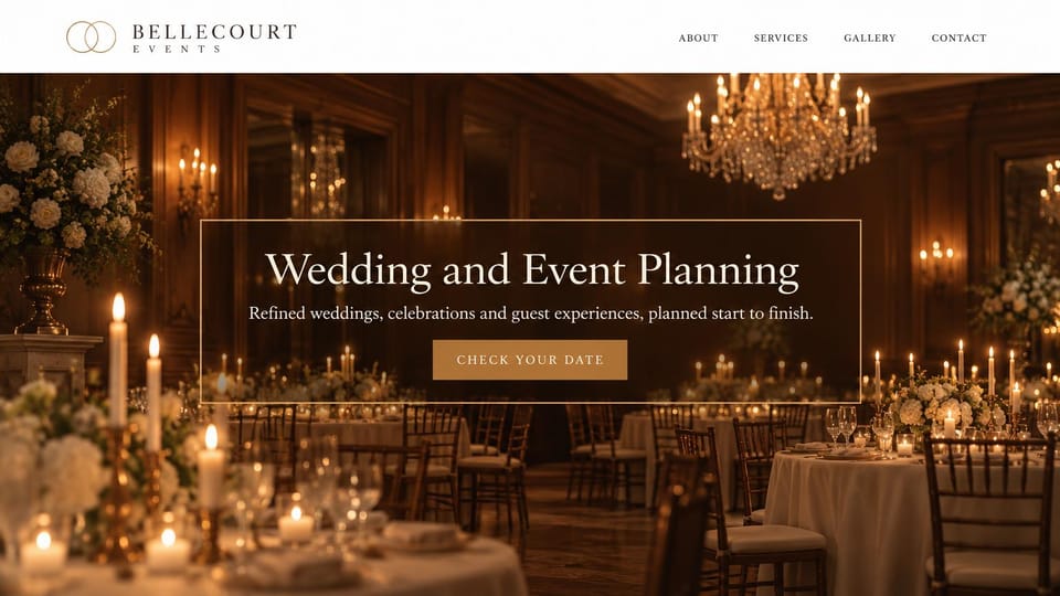 Event planner website design, luxury planner with a framed ballroom panel: dark ballroom with chandeliers and candlelit round tables, framed panel with a serif headline and gold date button