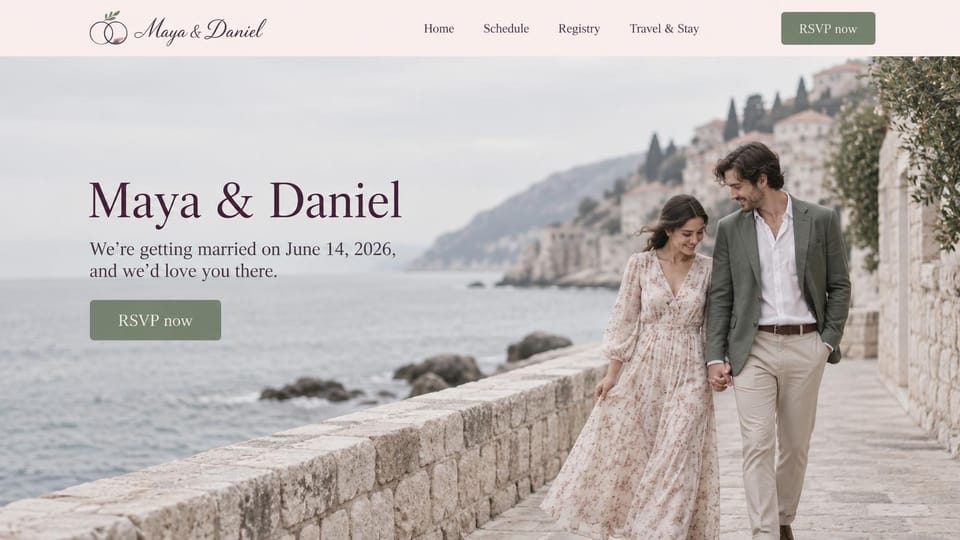 One page website design, wedding website with a seaside walk: blush header, a couple walking along a seaside stone wall, dark serif names and a green RSVP button