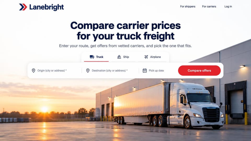 Logistics website design, freight marketplace with a compare-offers search: white page, large centered navy headline, truck, ship and airplane tabs over a route form with a red compare button, a white semi at a warehouse at sunset