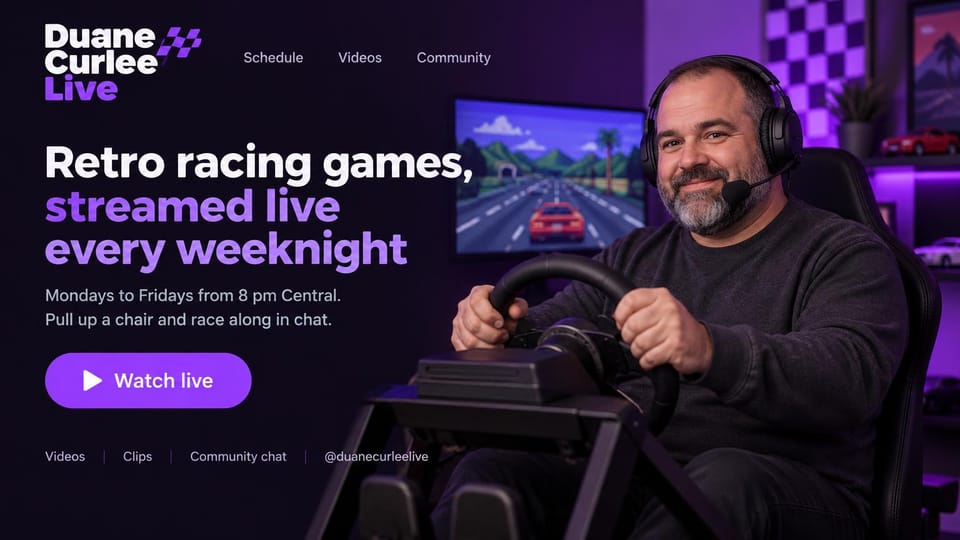 Gaming website design, racing streamer with a weekly schedule: deep purple page, white and violet headline, a violet watch button, a smiling bearded man in a headset at a racing wheel