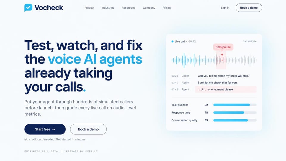 AI startup website design, voice agent testing with a live call card: pale blue page, a heavy navy headline with a cyan phrase, a navy start button and a white call card with a waveform and score bars