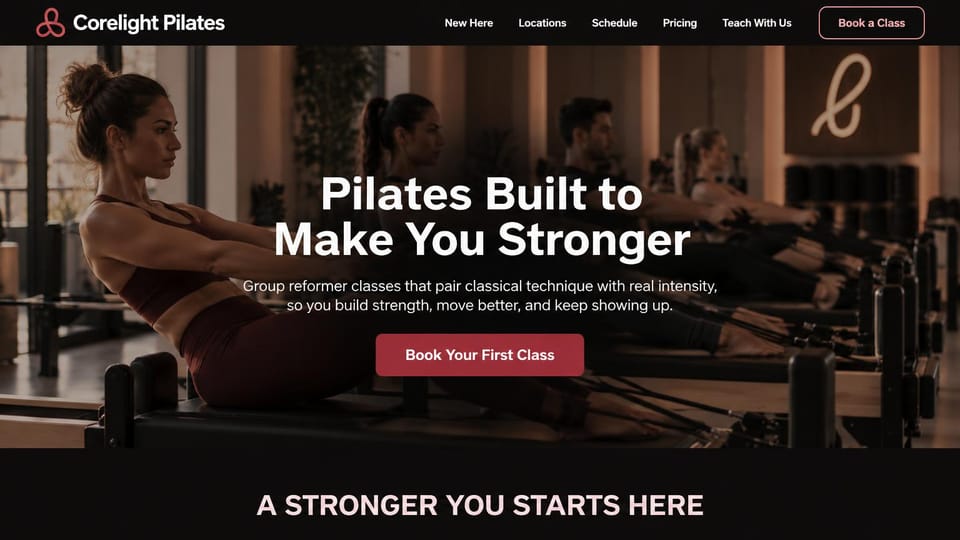 Fitness website design, reformer Pilates with a strength message: dark brown and rose, a woman on a reformer behind a centered white headline