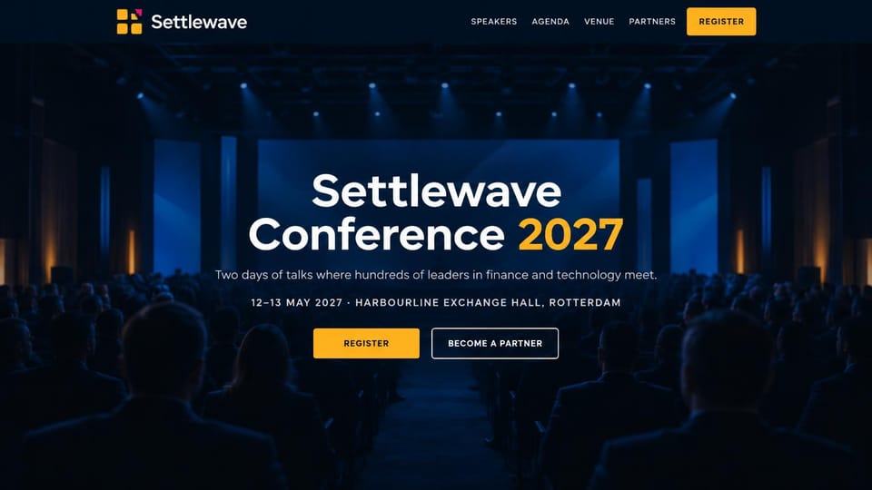 Event website design, finance and technology conference in a blue hall: dark photo of an audience facing a blue-lit stage, a large white and yellow centered headline, a yellow register button and an outlined partner button