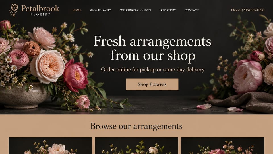 Florist website design, flower shop with arrangement tiles below: charcoal hero with peonies at the edges, centered serif headline, tan shop button, peach band with arrangement tiles