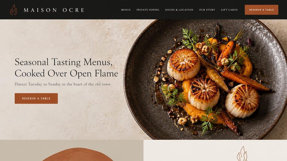 Restaurant website design, tasting menu, split light and dark: pale stone panel with a serif headline and rust button beside scallops on a dark plate