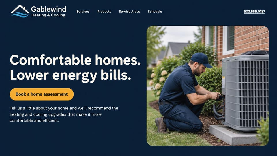 HVAC website design, home comfort upgrades on dark navy: dark navy page, a large white two-line headline, a yellow rounded button, a rounded photo of a technician at an outdoor unit beside a brick house