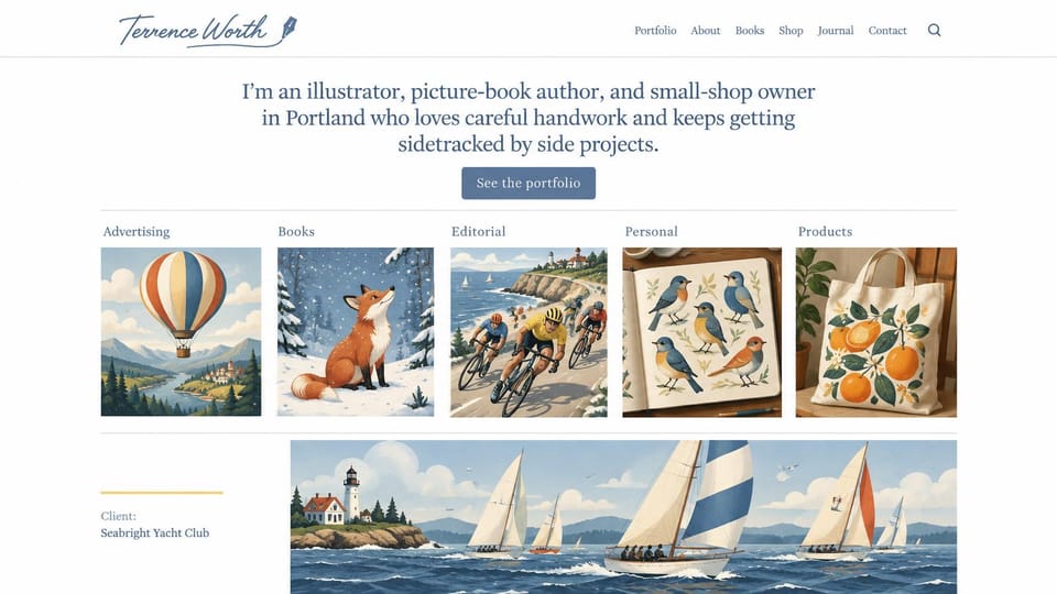 Author website design, illustrator and picture book author: white page, a handwritten logo and a row of illustrations of a balloon, a fox, birds and sailboats