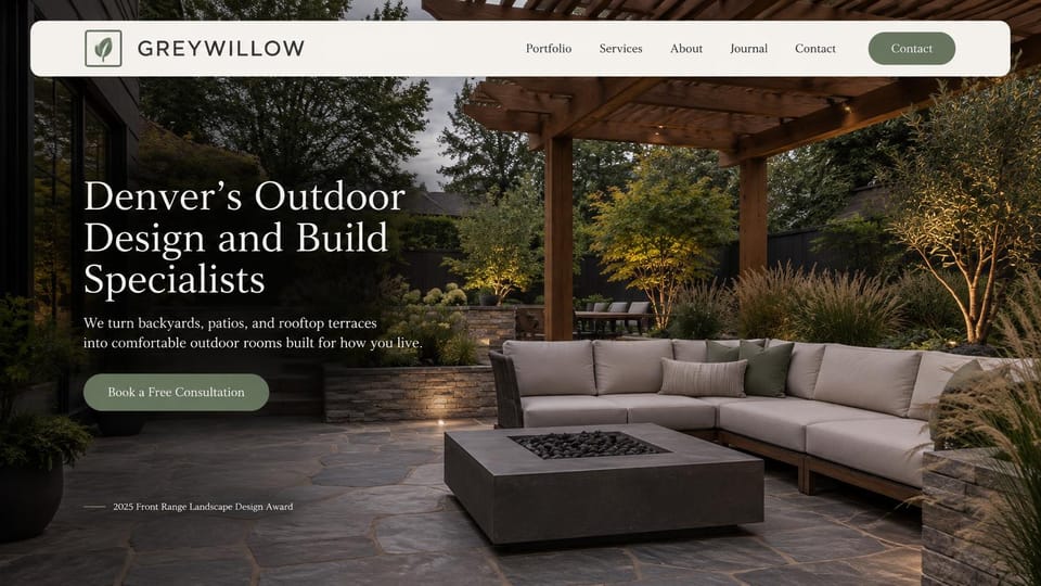Landscaping website design, design-build outdoor rooms under a pergola: dusk photo of a stone patio with a timber pergola, sectional sofa and square fire table, a floating cream menu bar, white serif headline and sage consultation button at the left