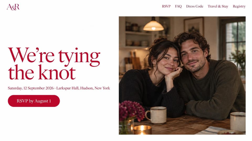 Wedding website design, modern wedding, red type and a candid photo: white page, a large deep red serif headline and RSVP button beside a photo of a couple at a kitchen table