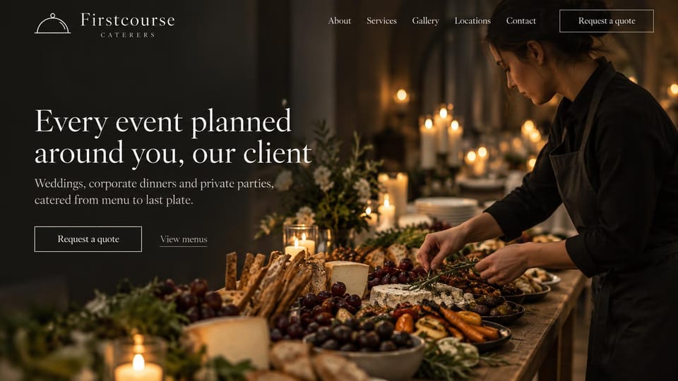 Catering website design, candlelit buffet with a quiet dark headline: dark photo of a caterer arranging a candlelit grazing buffet, a white serif headline and outlined quote and menu buttons