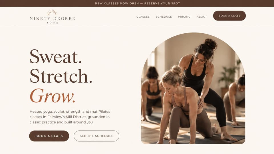 Fitness website design, neighborhood yoga studio with an arched photo: cream and brown, a three-word serif headline beside an arched photo of an instructor adjusting a student