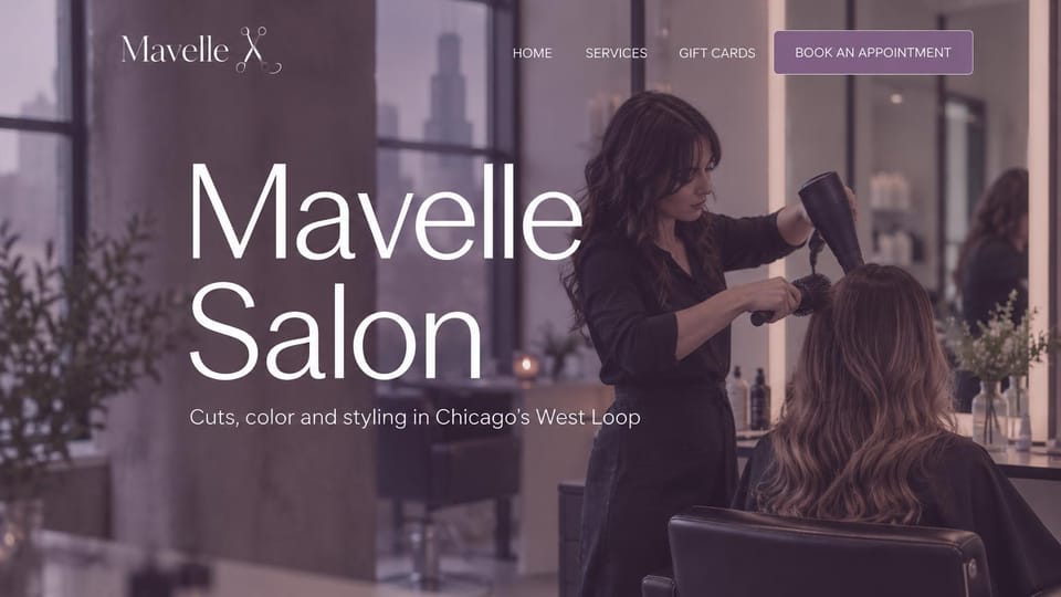 Salon website design, hair salon washed in violet: violet-tinted photo of a stylist blow-drying a client, a huge white sans serif name