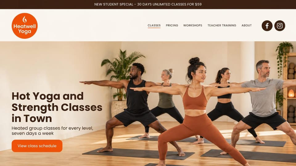 Fitness website design, hot yoga and strength, bright and friendly: white and orange, a mixed group in warrior pose in a sunlit room, a round orange logo
