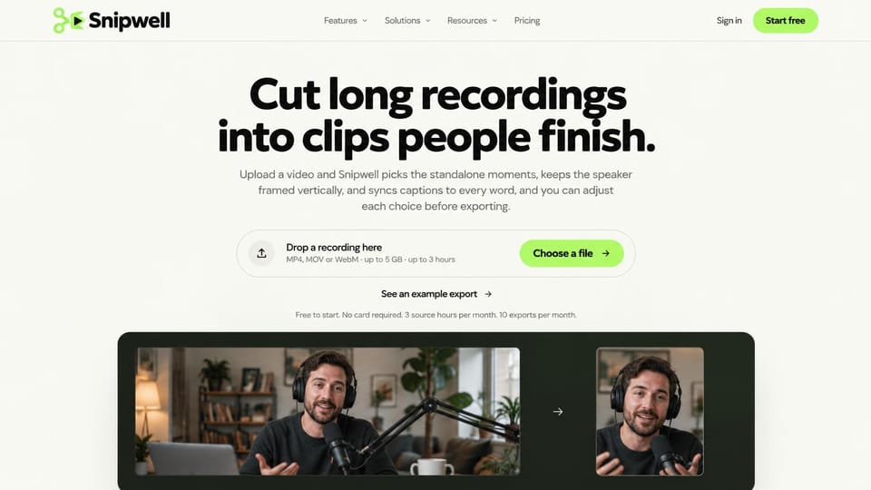SaaS website design, video tool with the upload box in the hero: white page, bold black headline, a file drop box with a green button and a before and after video
