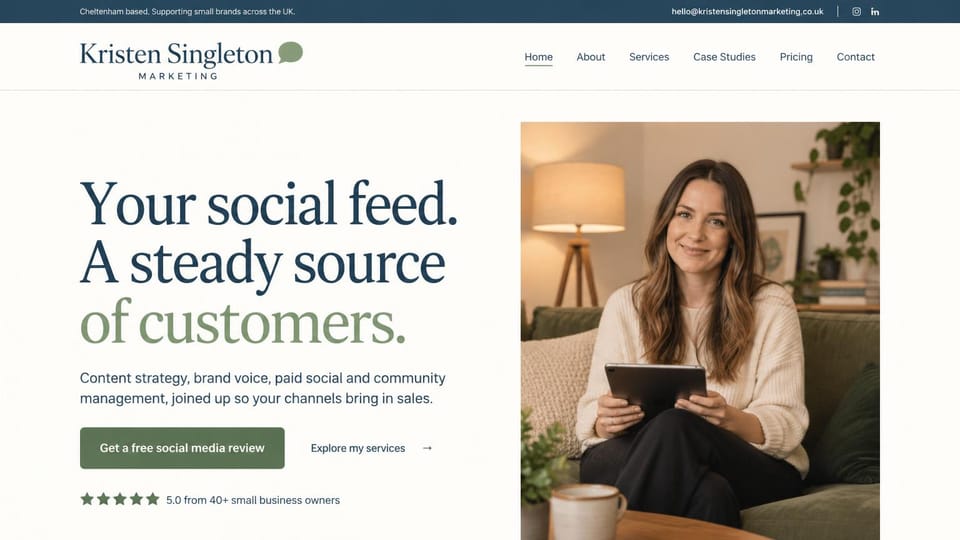 Marketing portfolio website design, social media manager with a free review offer: cream page, a navy and sage serif headline, a woman on a sofa holding a tablet and a sage button