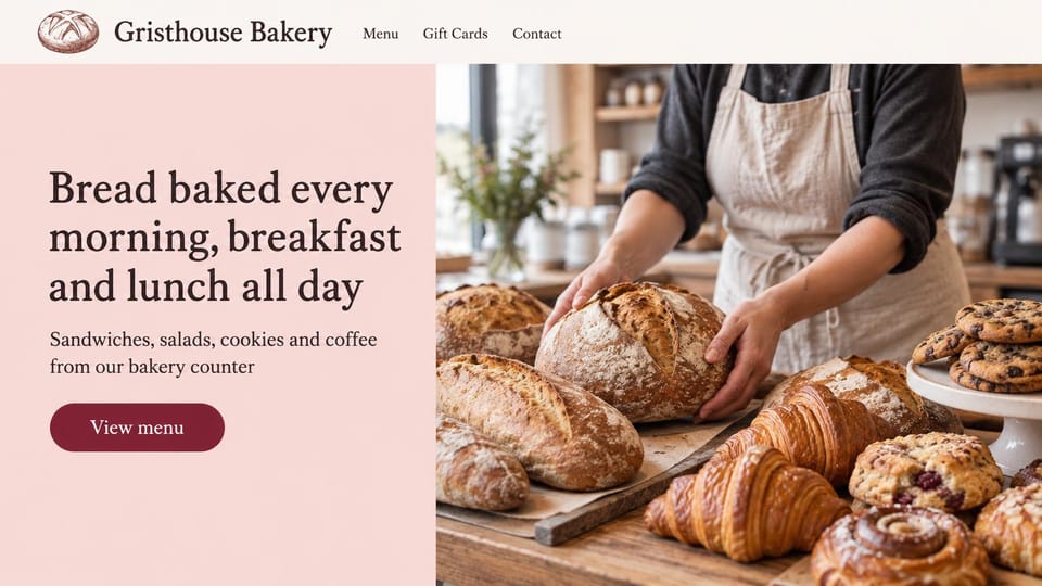 Cafe website design, bakery cafe with breakfast and lunch: blush panel with a burgundy serif headline beside a baker arranging loaves and pastries