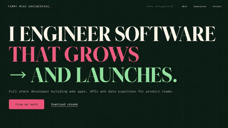 Developer portfolio website design, full-stack developer in huge three-color capitals: dark green grid page, huge serif capitals in cream, pink and mint, a monospace line, a pink view my work button and a download résumé link