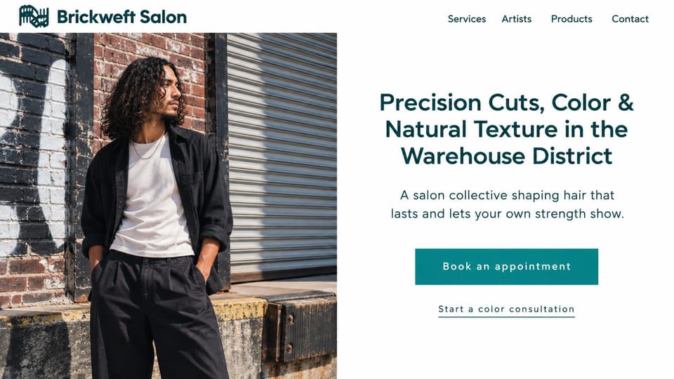Salon website design, salon collective for natural texture: white page, a man with long curls by a brick wall beside a teal headline and teal button
