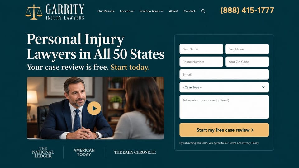 Law firm website design, national injury firm with video and form: teal and gold, a consultation video beside a case review form, press mentions below