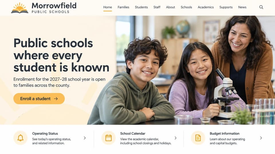 School website design, public schools with status, calendar and budget links: cream page with a sunrise logo, a heavy charcoal headline, a gold button, two students and a teacher at a microscope, three icon links