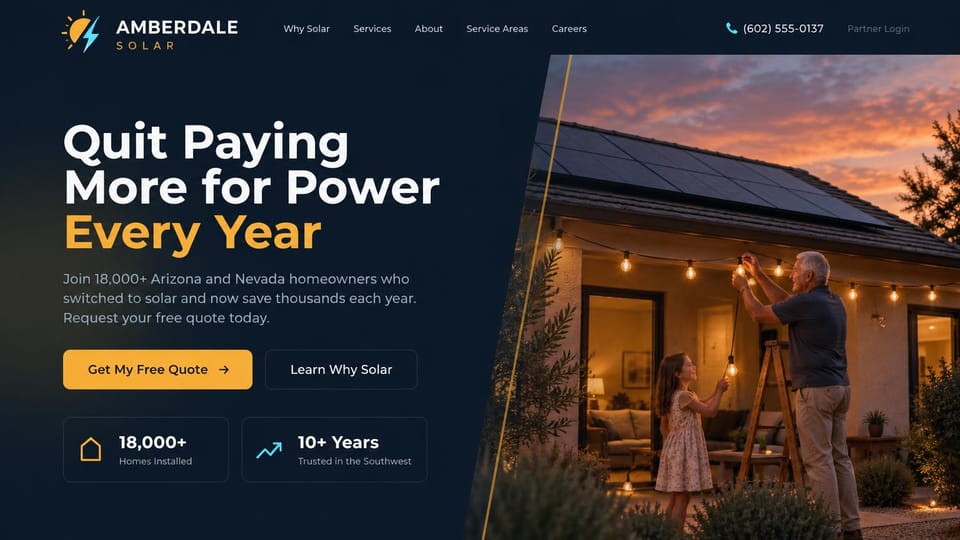 Solar website design, home solar on navy with a family at dusk: navy page, a white and amber headline, an amber quote button and an outlined button, two figure cards, a slanted photo of a grandfather and girl hanging string lights under a solar roof at sunset