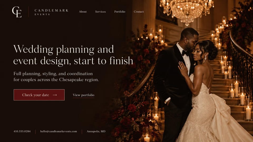 Wedding planner website design, planning and design with a candlelit grand staircase: dark brown page, cream serif headline at left, burgundy date button, a couple embracing on a candlelit staircase under a chandelier