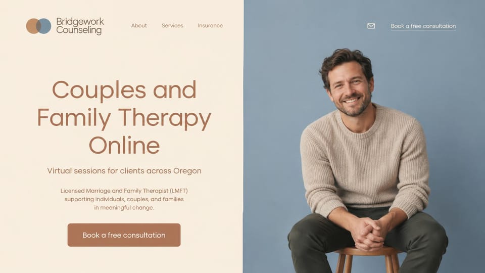 Therapist website design, online couples and family therapy, split in two: peach and dusty blue split, a terracotta headline beside a portrait of a smiling man on a stool