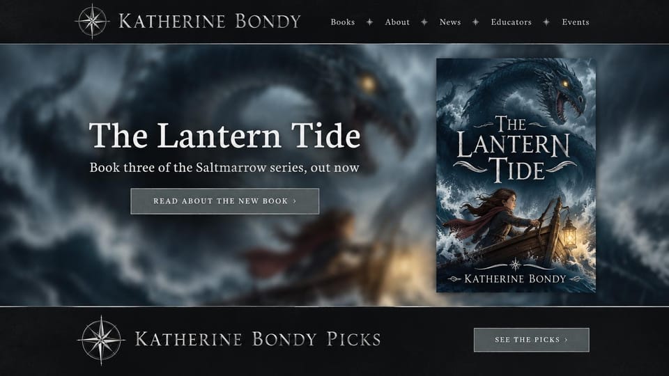 Author website design, fantasy series with a storm-swept cover: dark storm and dragon art behind a large book cover, a silver serif title and a picks strip