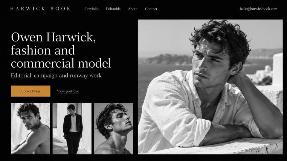 Model portfolio website design, male fashion and commercial model on a whitewashed coast: black page, a large white serif headline, an amber book button, three black and white thumbnails and a big black and white photo of a curly-haired man in a linen shirt by the sea