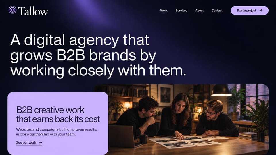 Marketing agency website design, b2B digital agency with a lavender card: dark navy page with a purple glow, a large white headline, a lavender text card and a team at a table
