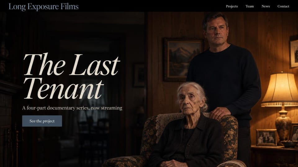 Videographer website design, documentary film titled in italic serif: dark wood-paneled room lit by a lamp, an elderly woman in an armchair with a man behind her, large cream italic serif title, slate blue button