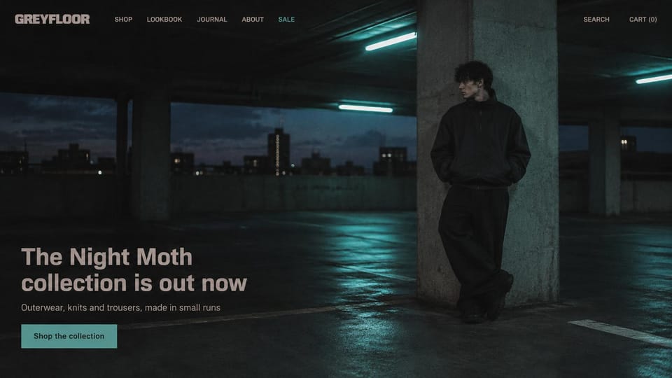 Fashion website design, streetwear drop in a night parking garage: night parking garage with teal tube lights, a young man in black at a concrete pillar with a city skyline behind, a white headline and a teal button