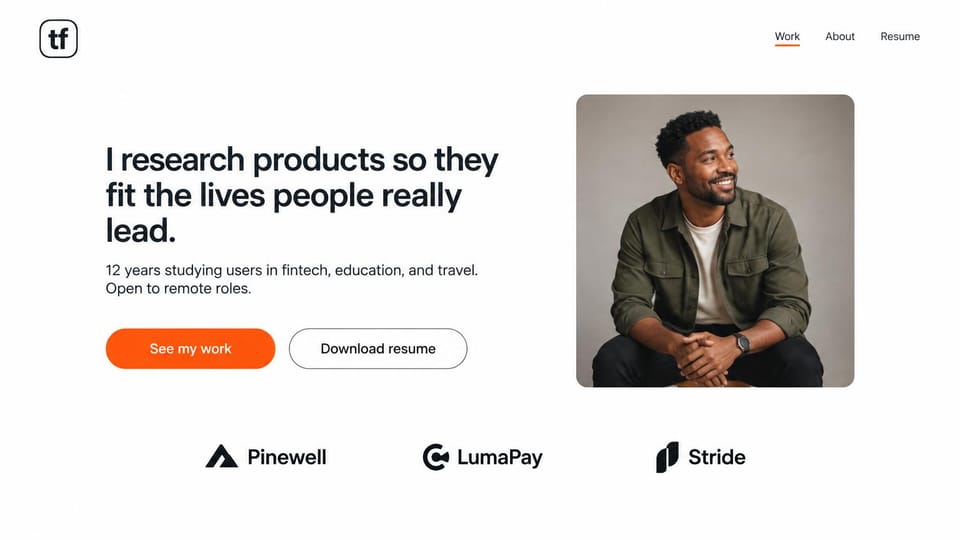 Personal website design, user researcher with past clients: white page, a bold headline and orange buttons beside a smiling portrait, three client logos below