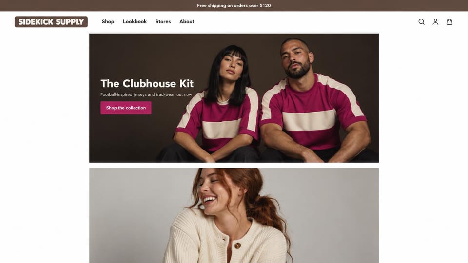 Fashion website design, football-style jerseys in a boxed hero: white page, a boxed dark photo of a woman and a man in magenta and cream jerseys, a bold white headline and a magenta button, a smiling woman in a cream cardigan below