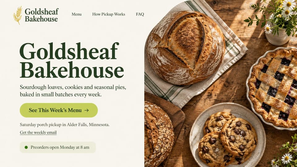 Bakery website design, small-batch bakery with weekly preorders and porch pickup: cream page, a gold wheat logo, a large forest green serif name, a lime menu button and an overhead table of sourdough, cookies and a lattice pie