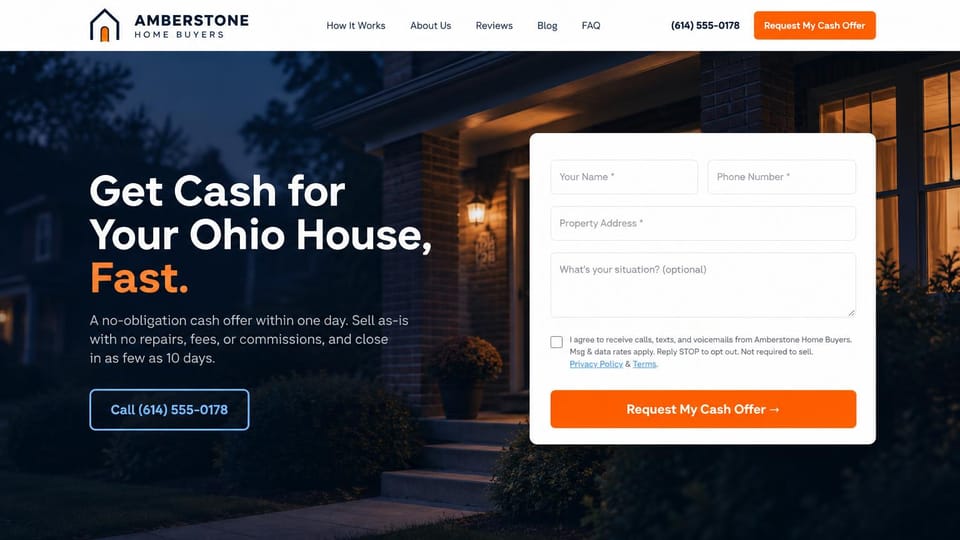 Real estate investor website design, night-lit cash offer page with a text opt-in: a brick porch with a lit lantern at night, a white headline ending in orange, an outlined call button and a white form card