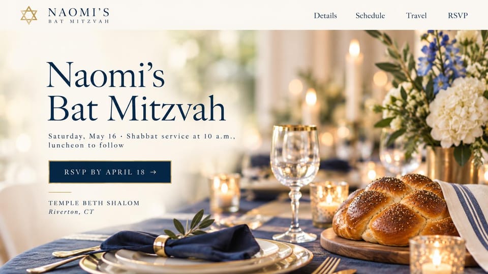Event website design, bat mitzvah with a set table and challah: light photo of a table with braided challah, glasses and white flowers on navy linen, serif headline, navy RSVP button